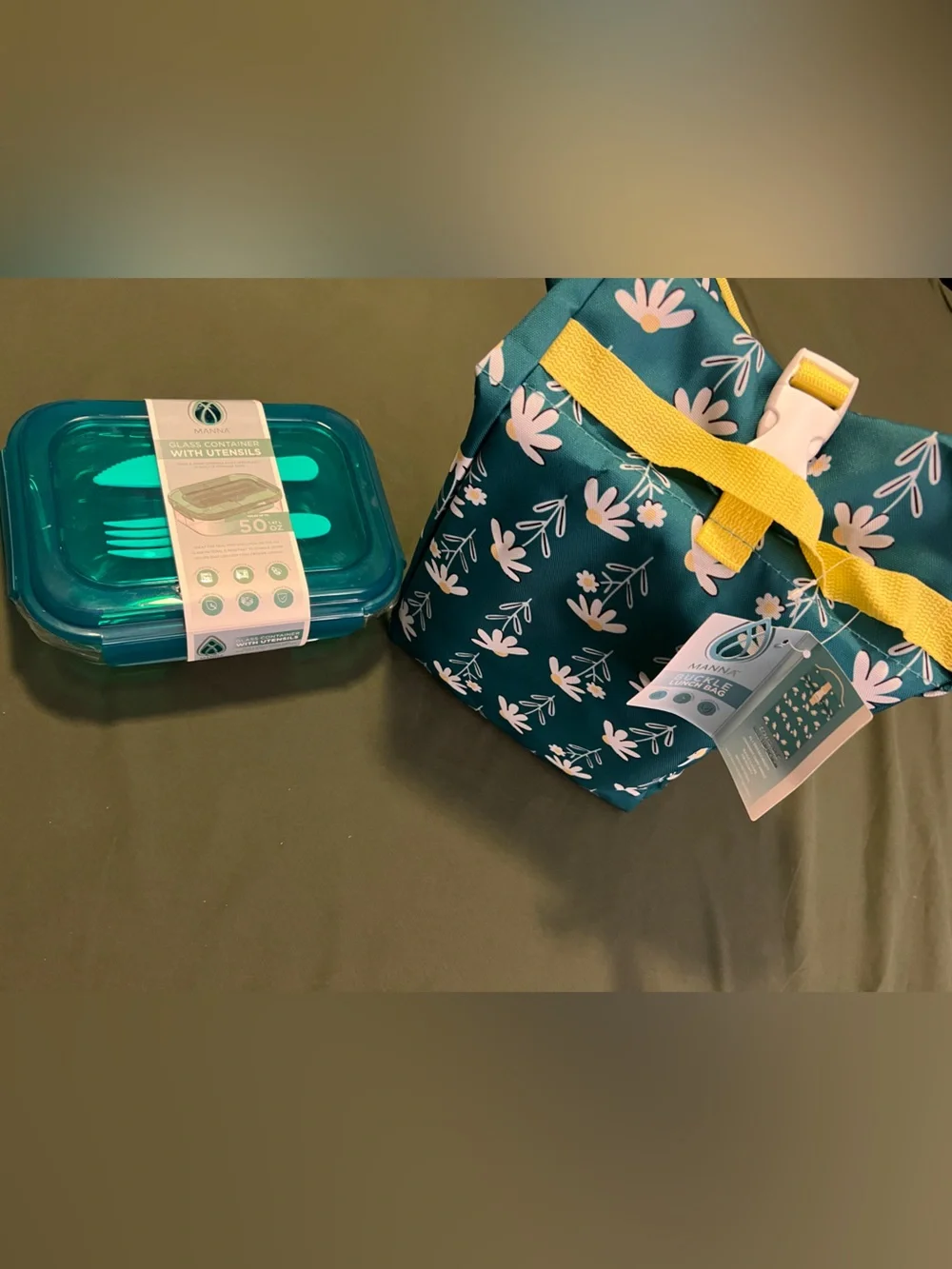 Manna Teal Floral Lunch Tote with Yellow Strap and Teal Blue Glass Lunchbox